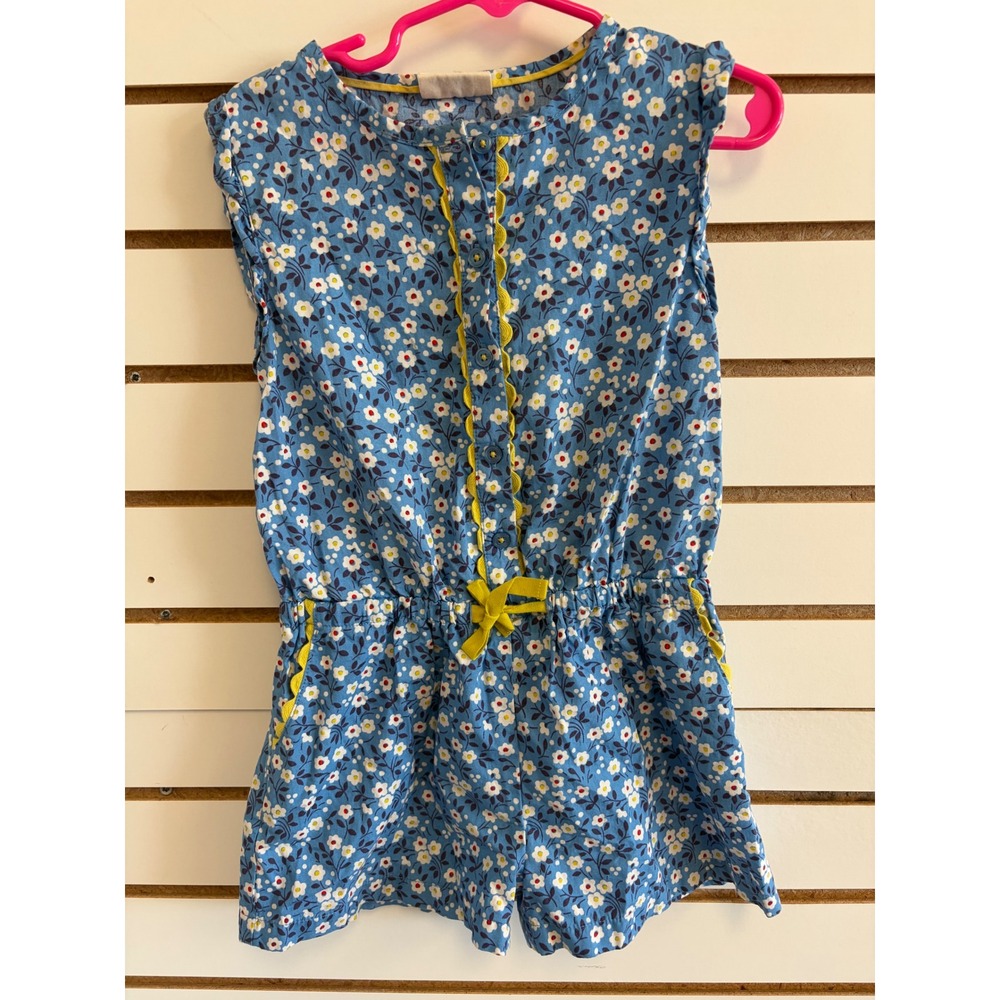 Mini Boden Girls Blue Floral Romper Ric-Rac Trim Size 3-4Y Cap Sleeve Pockets